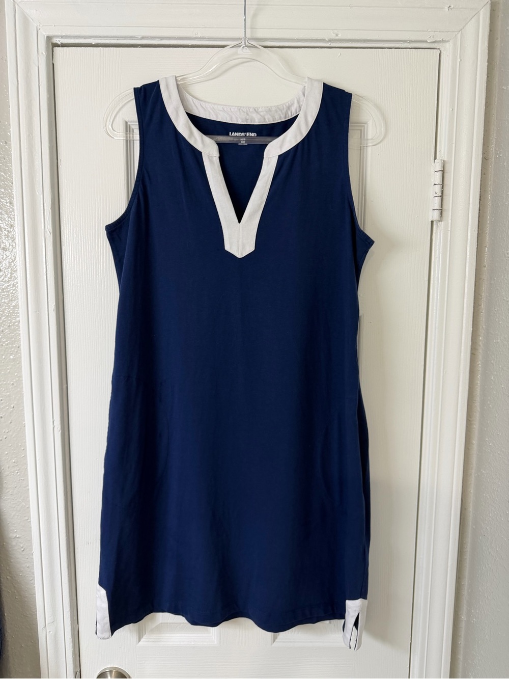 Land's End Petite Cotton Jersey Notch Neck Dress Size MP Deep Sea Navy/White